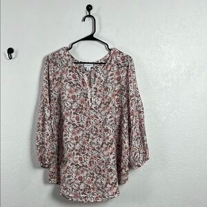 Liz Claiborne Women’s Floral White Blouse Boho peasant Sz XL Lightweight V Neck